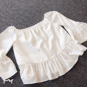 LastCall {EF} off shoulder white top with pearls